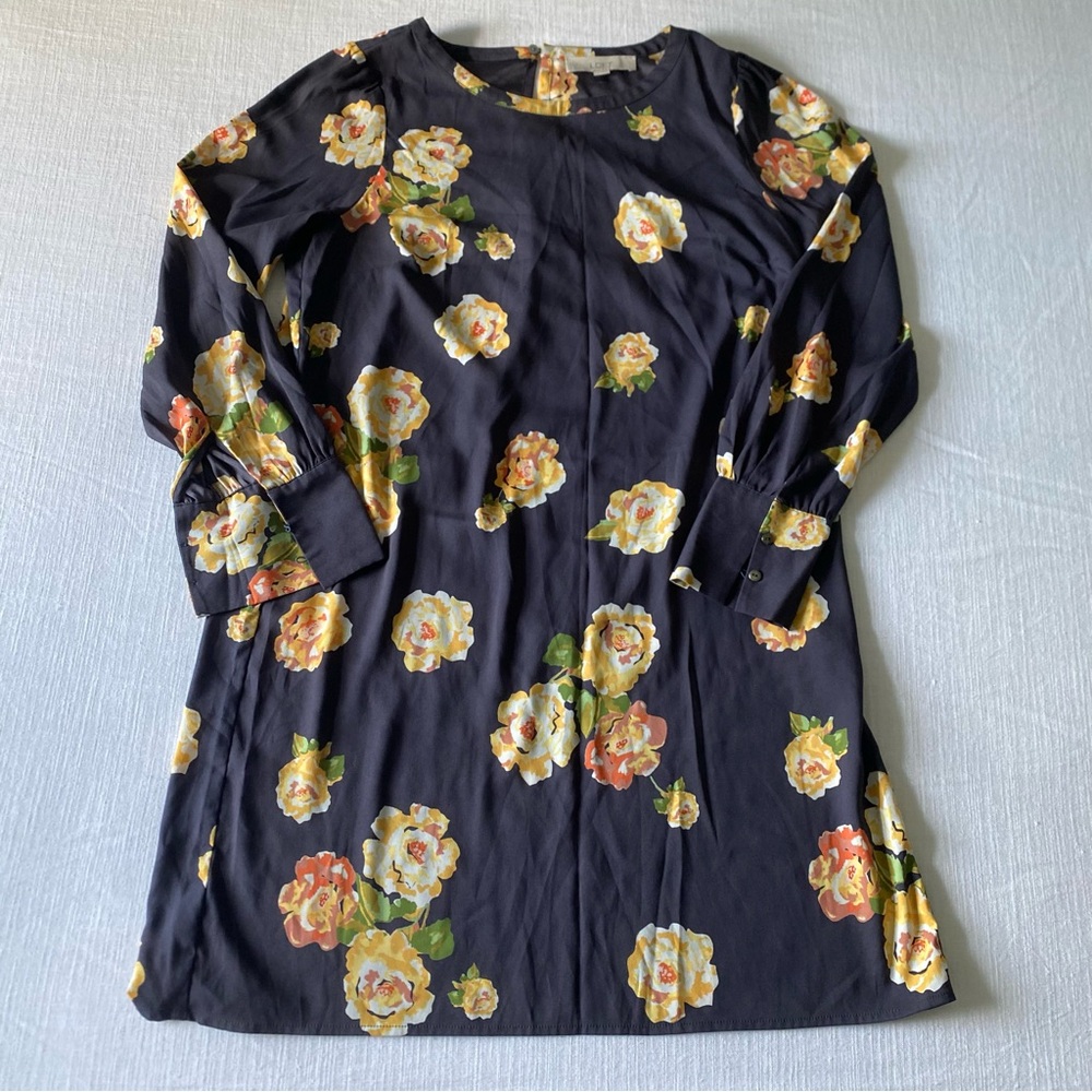Floral Long Sleeve Dress - Dark Gray with Yellow and Orange